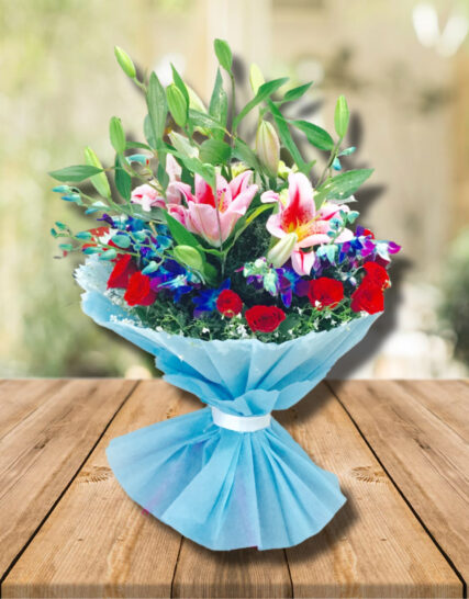 Giftnmore-5 Lily, 4 Orchid, 15 Red roses with Paper Packing